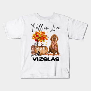 Fall In Love With Vizslas Fall Pumpkin Thanksgiving Kids T-Shirt